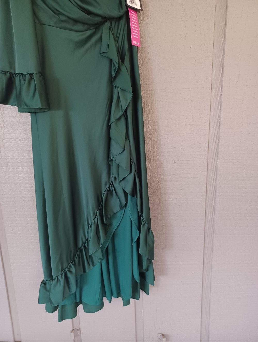 Ieena Mac Duggal Long One Sleeve Asymmetrical Ruffle Hem Gown Size 10 Emerald - Picture 14 of 16